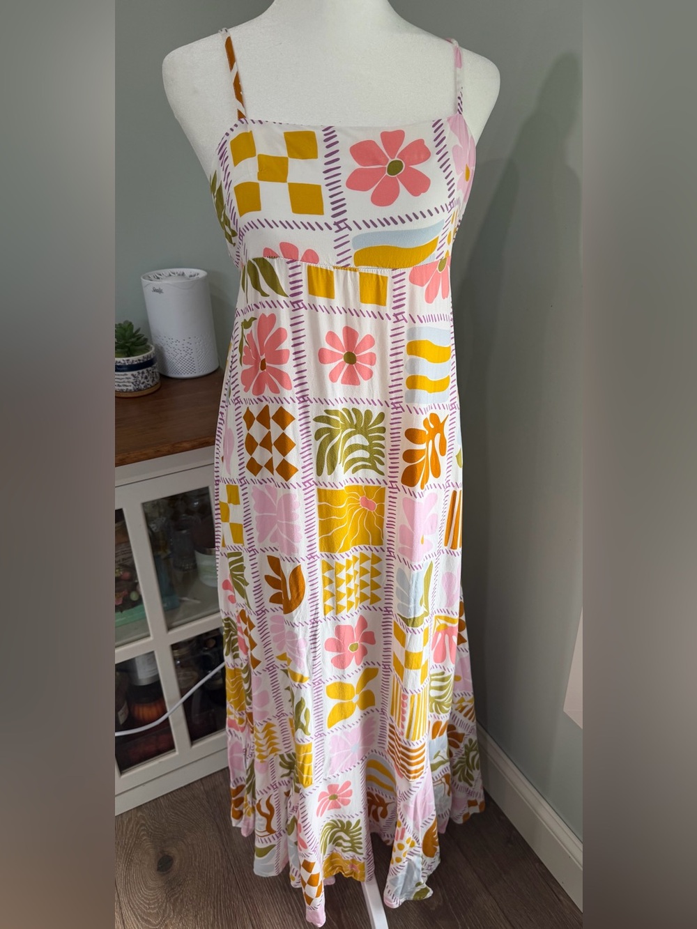 Paper Heart Floral Patchwork Sundress Flutter Hem Open Tie Back Maxi Boho Small